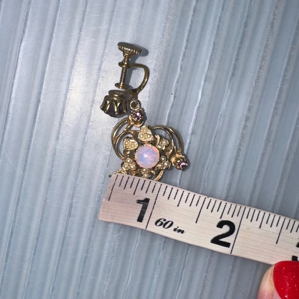 Vintage Opal Glass Rhinestone Faux Pearl Screw-Back Dangle Earrings Gold Tone